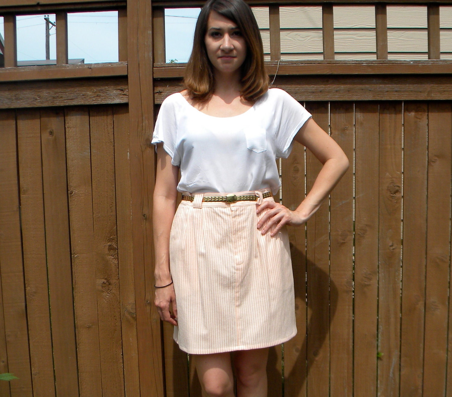 Preppy Coral 90s PInk and White Striped Pencil Skirt with Pockets, Medium