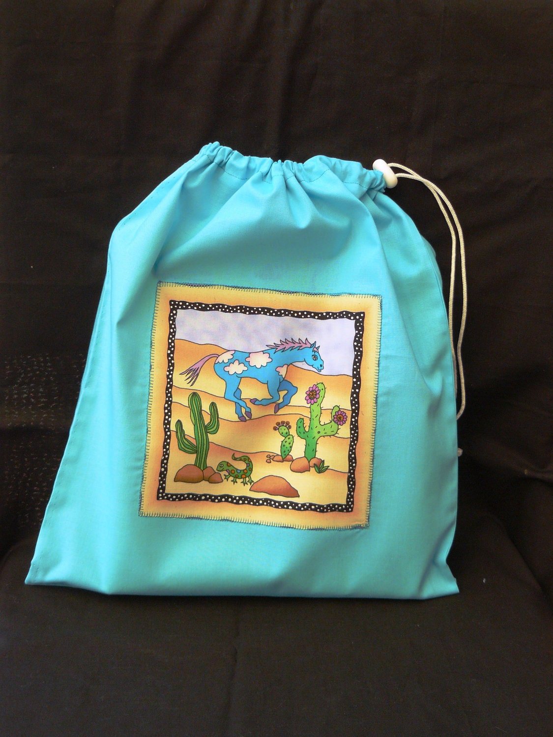 FREE POSTAGE within Australia - Library Bag Back to School - AQUA applique pretty Blue Horse