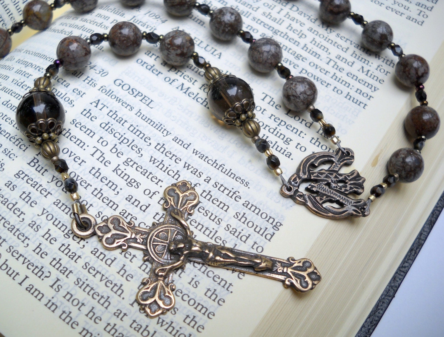 Mans Catholic Rosary: Large Brown Jasper Beads and Bronze medals