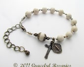 Catholic Rosary Bracelet - Religious Jewlery White Riverstone Bronze crucifix miraculous medal