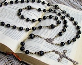 Mans Black Catholic Rosary Beads - Onyx Gemstones and Bronze