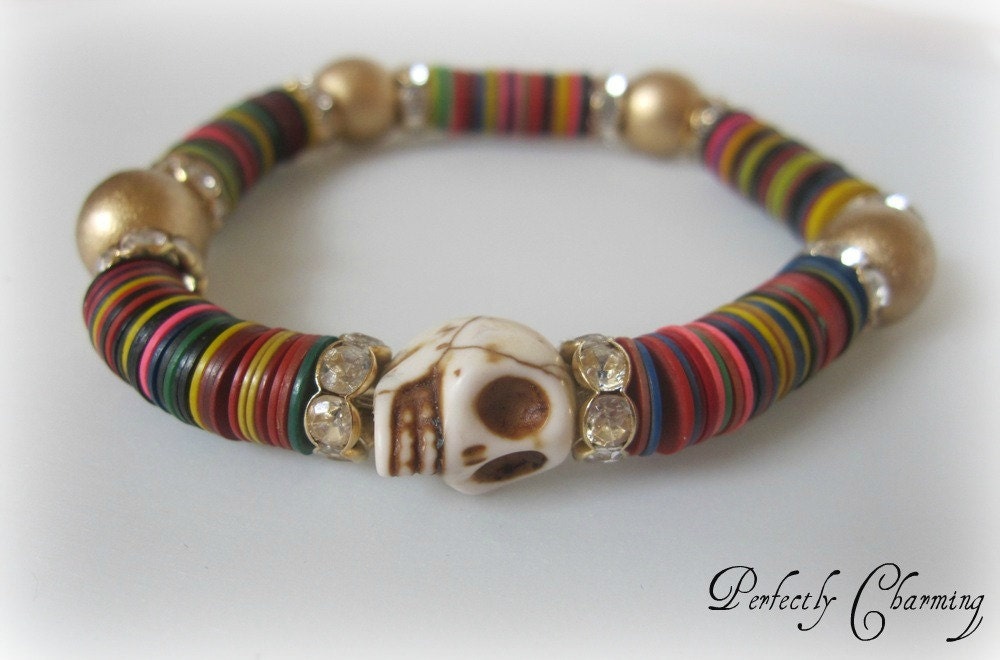 Friendship Bracelet TRIBAL SKULL African Recycled Vinyl Records and Colorful Skull and Wood Beads