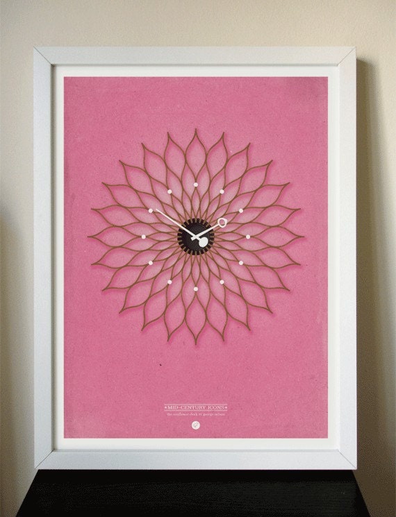12x16 Giclee Affordable Art Print - Mid Century Icon George Nelson Sunflower Clock in pink