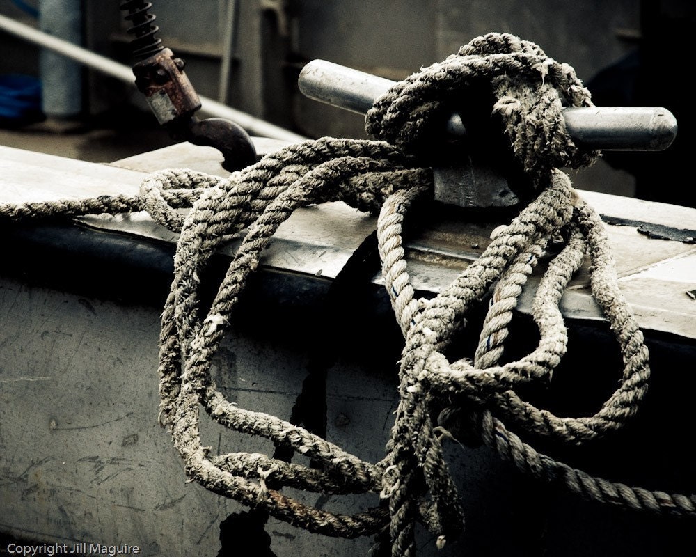 Knots Landing - 8 x 10 Fine Art Print - a nautical rope tied to a pier in black and white monochromatic tones in Bellevue, Washington
