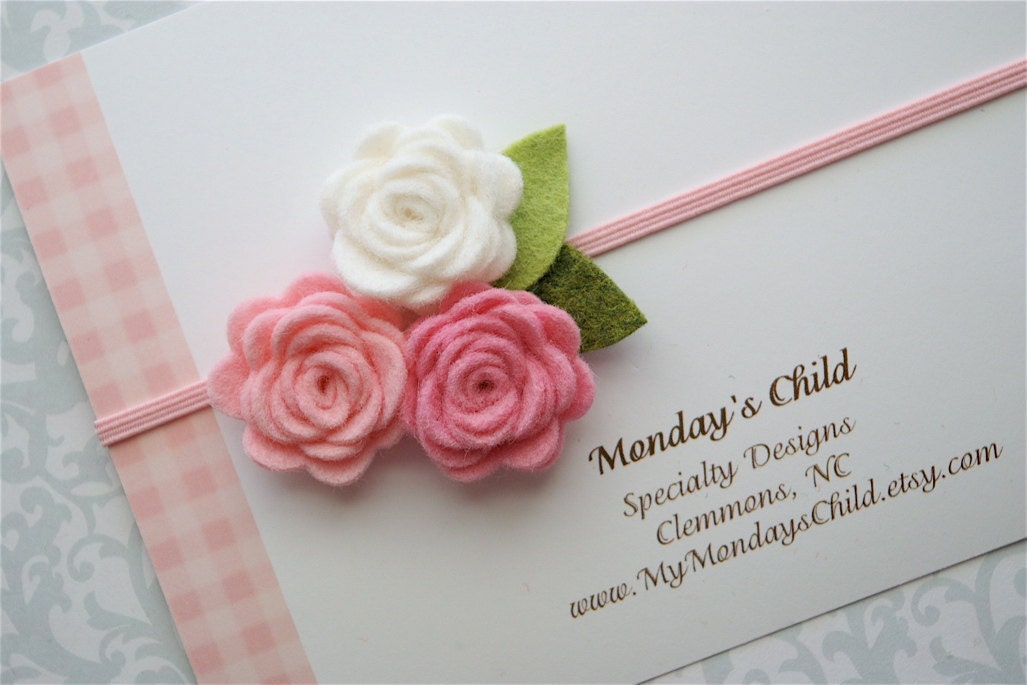 Felt Flower Headband in Pink and White Roses - Baby Headbands to Adult