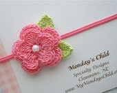 Crochet Flower Headband in Pink Pearl - Baby Headbands to Adult