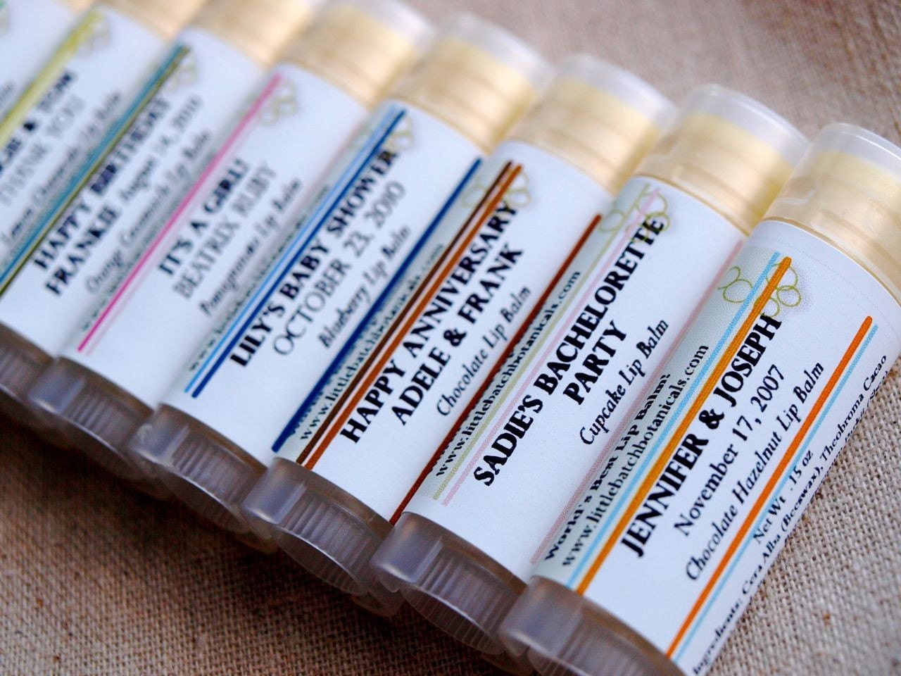Lip Balm Party Favors - Pack 50 tubes with Custom Labels -  wedding favors, bridal shower favors, birthday party favors