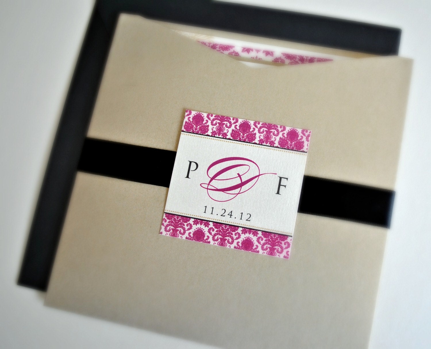 Krissy Wedding Invitation Suite with Pocket and Ribbon Band - Ivory, Champagne Gold, Black and Magenta (customizable)