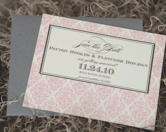 Damask Wedding Invitation Save the Date - Ivory, Pink and Pewter Grey