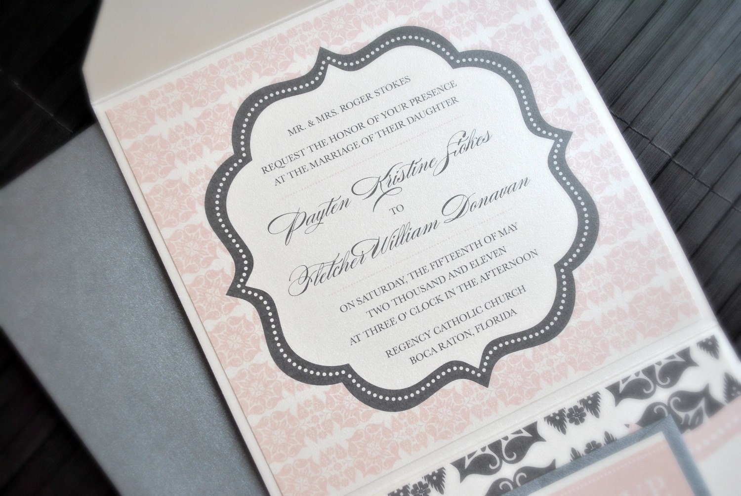 Liya Pocketfold Wedding Invitation Suite - Ivory, Charcoal, Pale Pink, customizable