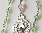 Green Irish Car Rosary, Celtic Cross, Swarovski Crystal, Magnet for easy on/off, St. Patrick, Catholic, Unbreakable