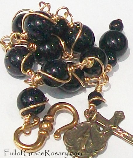 Blue Goldstone Rosary Bracelet, Bronze, Sparkles, Unbreakable, Adjustable