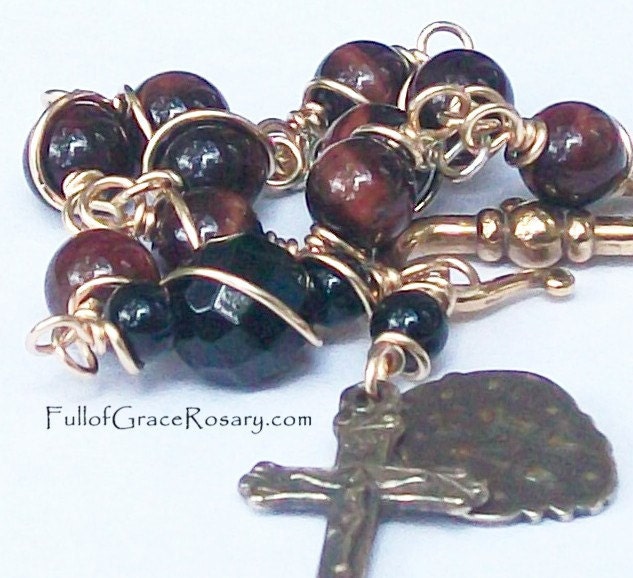 Red Tiger Eye Rosary Bracelet Catholic Onyx Bronze Adjustable Elegant