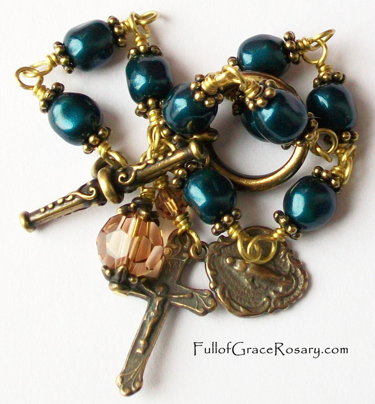 Vintage Look Blue Pearl Rosary Bracelet Bright Blue Antique Brass Swarovski Crystal Pearl Catholic Unbreakable Miraculous Medal
