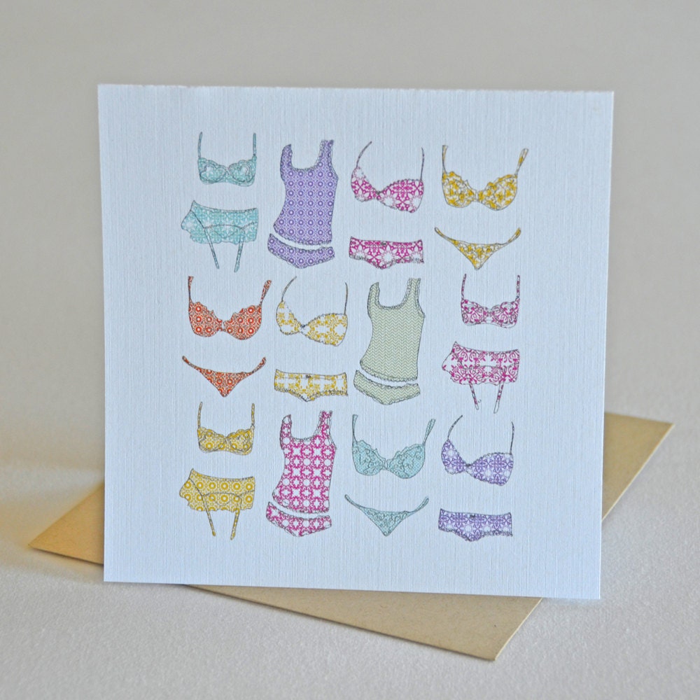Single, square card with envelope. Underwear/Swimsuits. Blank inside.