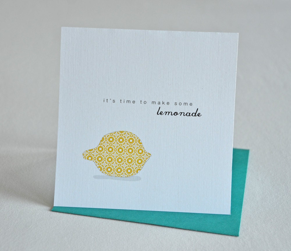 Single, square card with envelope. It's Time To Make Some Lemonade. Blank inside.