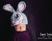 Gray Bunny Hat with Pink and Gray Flower - Easter Baby Hat