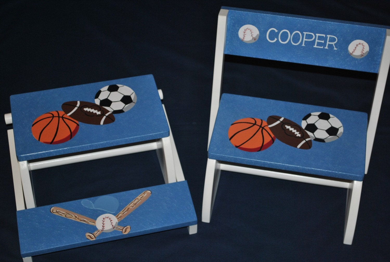 Kids Personalized Flip Up Stool Chair with Design PAINTED on All..3..Surfaces - Sports Design
