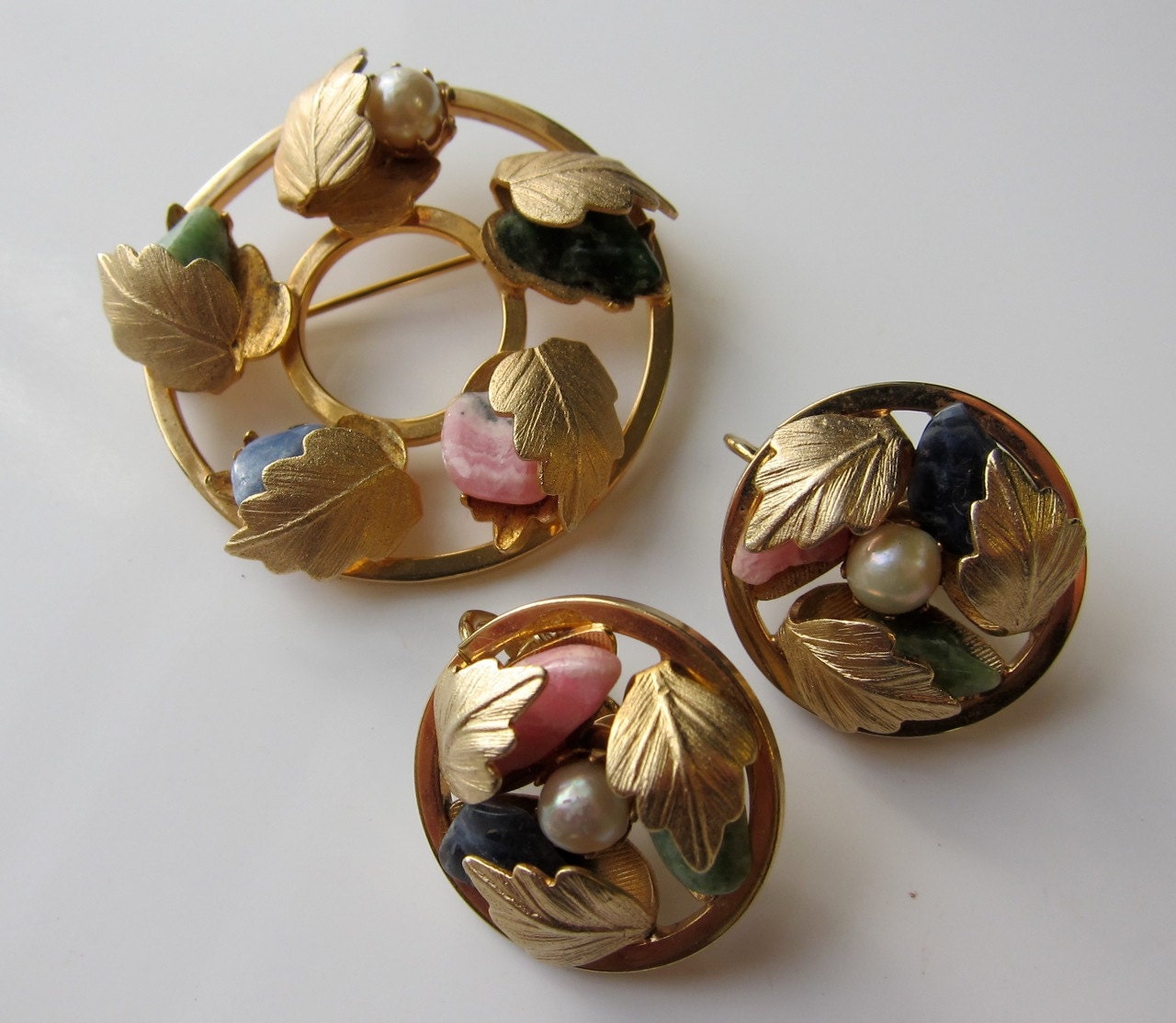 Sarah Coventry Brooch and Earrings Vintage Semi-Precious Stones