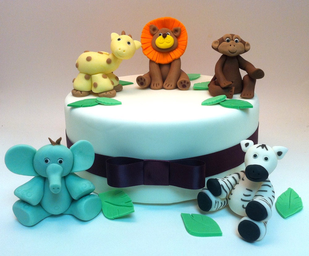 Cake toppers Jungle Cake Baby Shower Fondant Jungle set , Lion, monkey, elephant, zebra and jiraffe, Il_170x135
