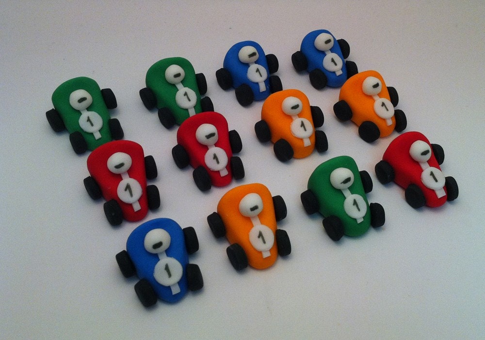 12 Miniature Race Cars in Edible Fondant for your Cupcake toppers, excellent idea for your mini cupcakes