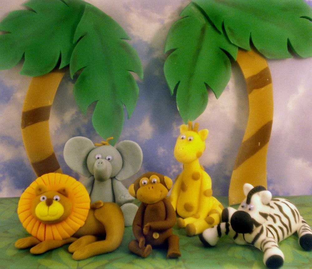 Fondant Jungle Baby Shower Cake toppers, Jungle cake decorations, lion, zebra, elephant, monkey, giraffe