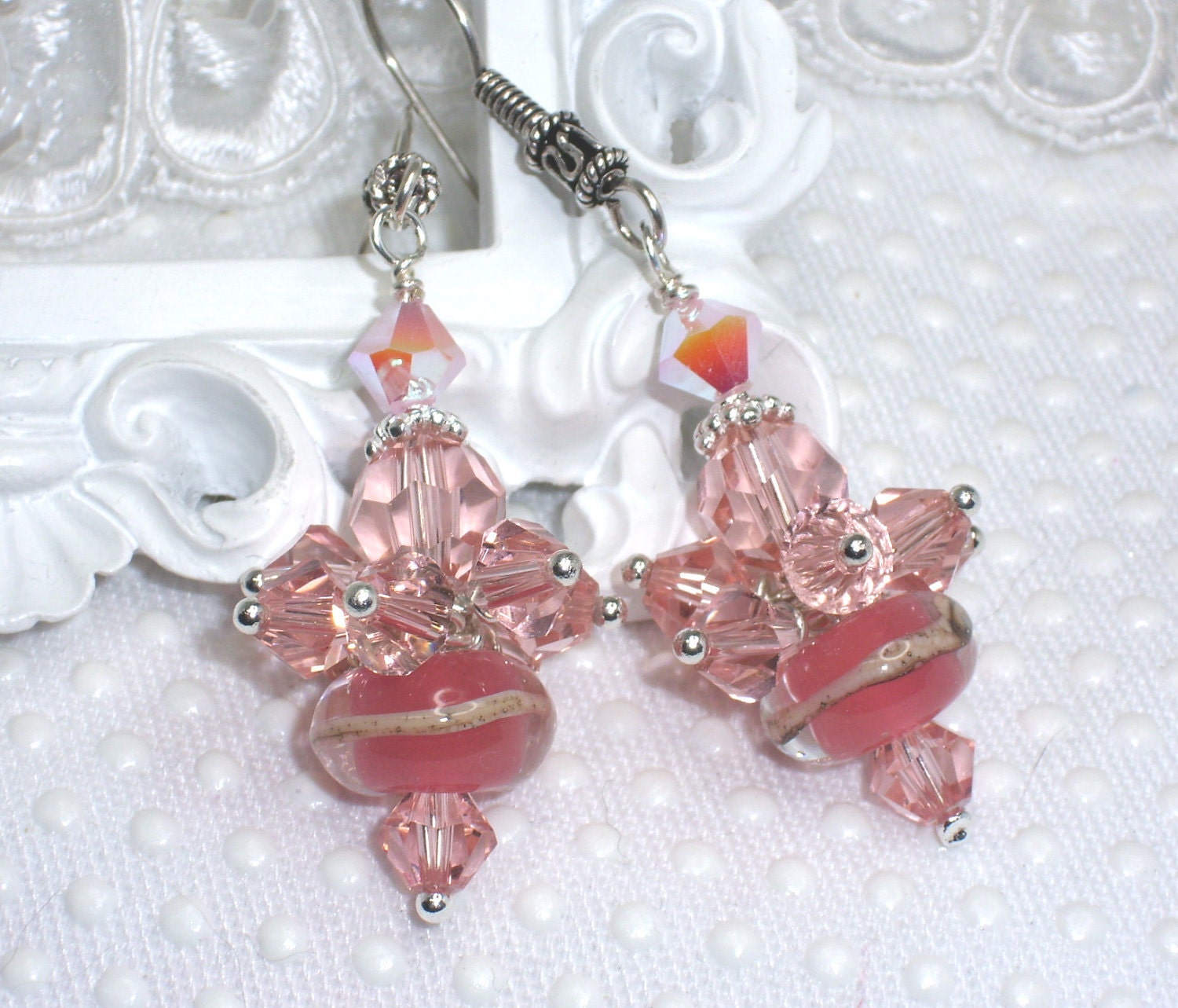 Peach 925 SS Bali & Swarovski elements with SRA Lampwork Earrings