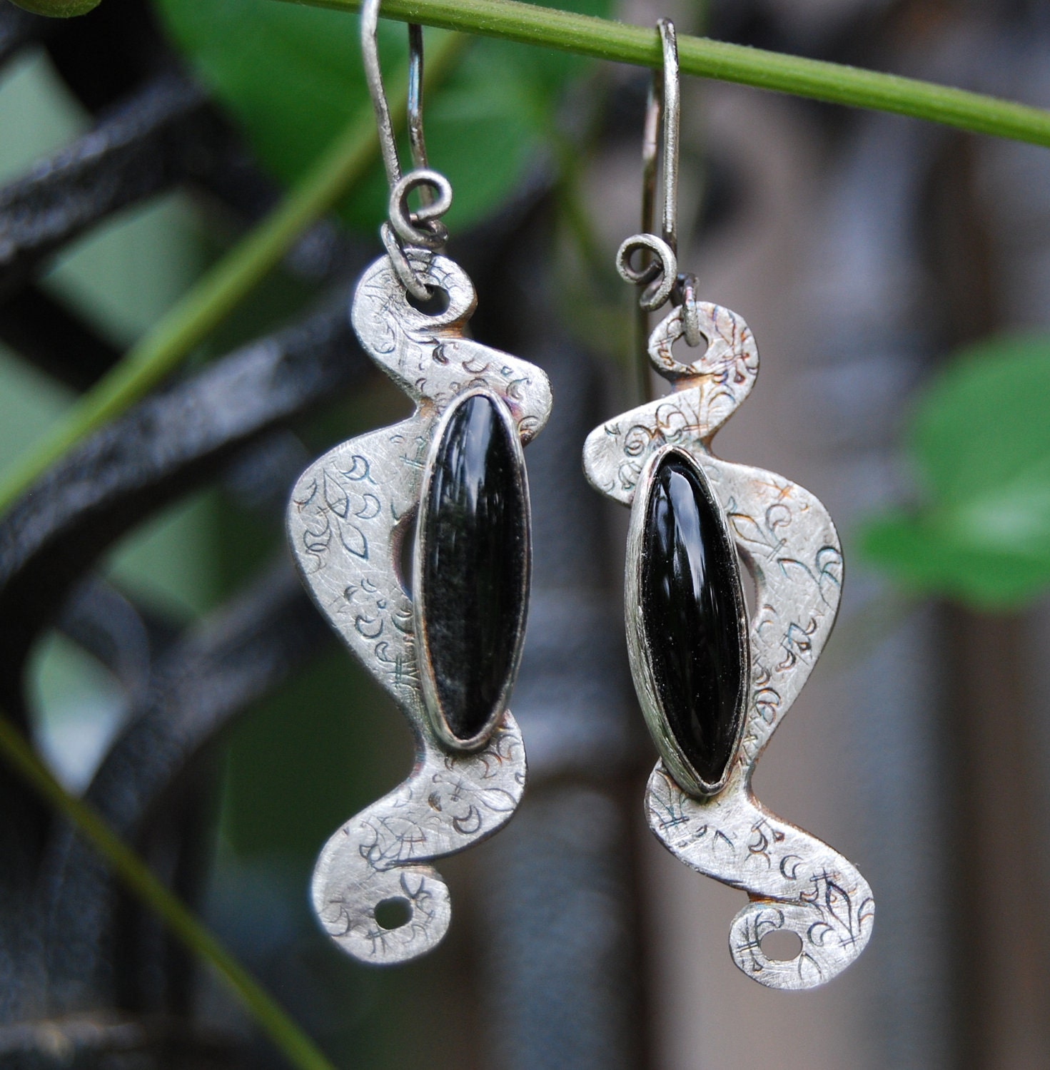 Handmade Sterling Snake Scroll Black Hypersthene Fleur de Lis Earrings- One of a Kind