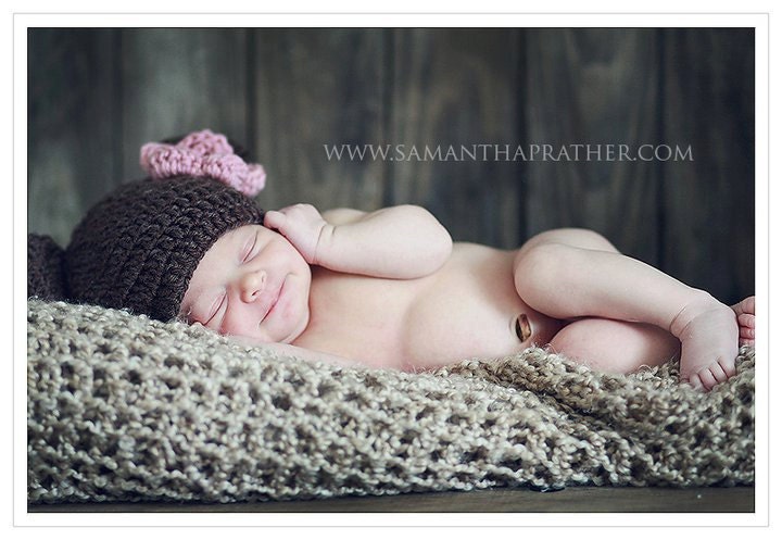 Teddy Bear Hat Pink Flower -  Girl - Newborn - 0 to 3 months