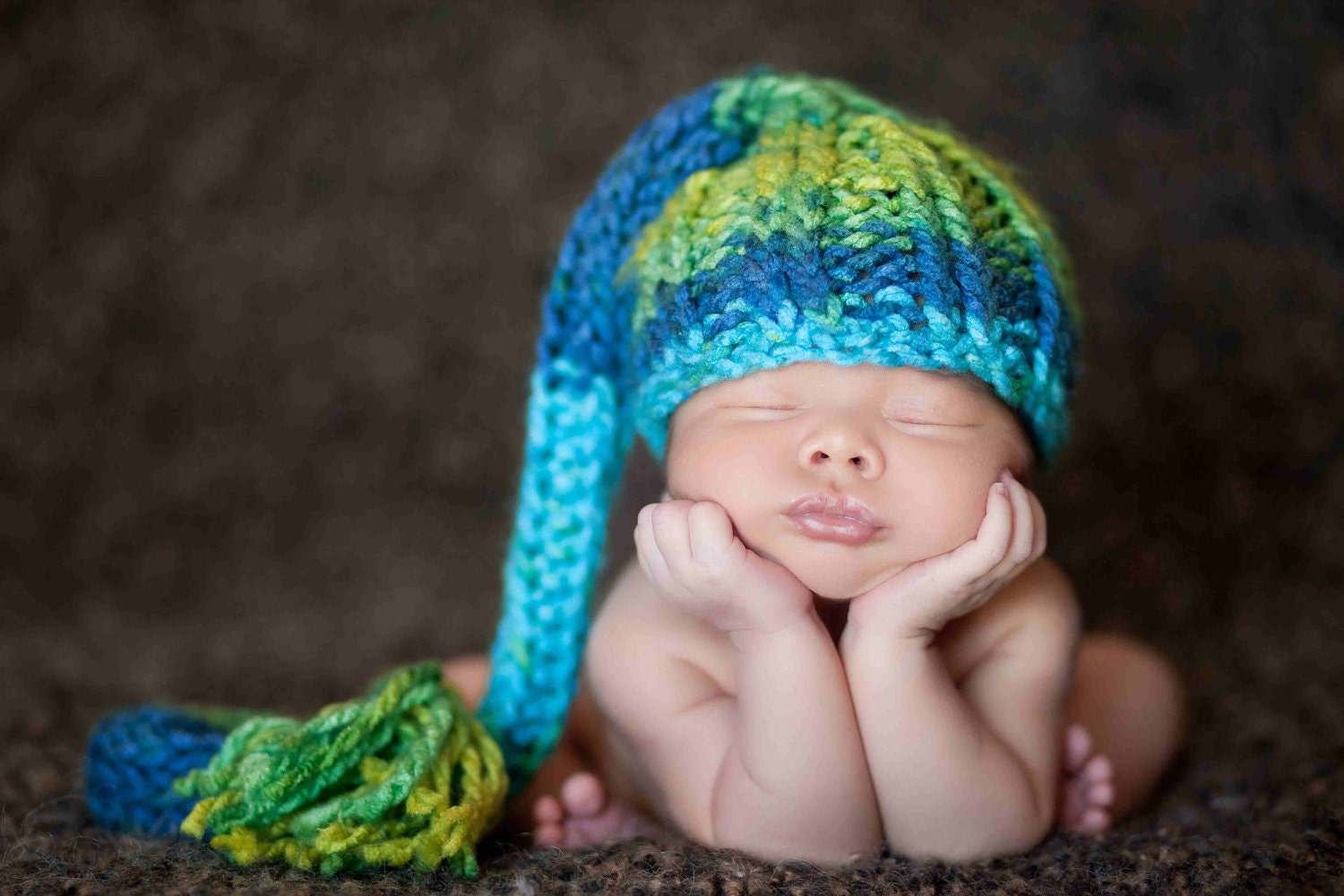 Knit Baby Hat with Tassel, Multi-Colored Turquoise