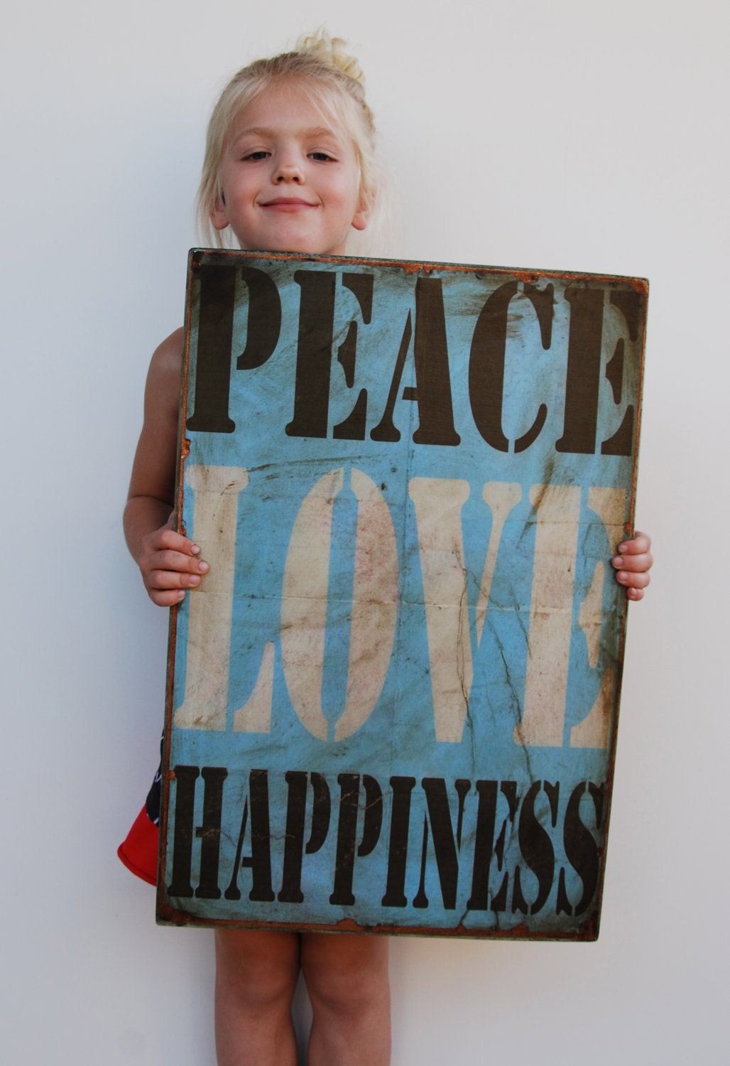 Peace, Love, Happiness.  Tin print mounted on wood frame.  16 x 24 inches