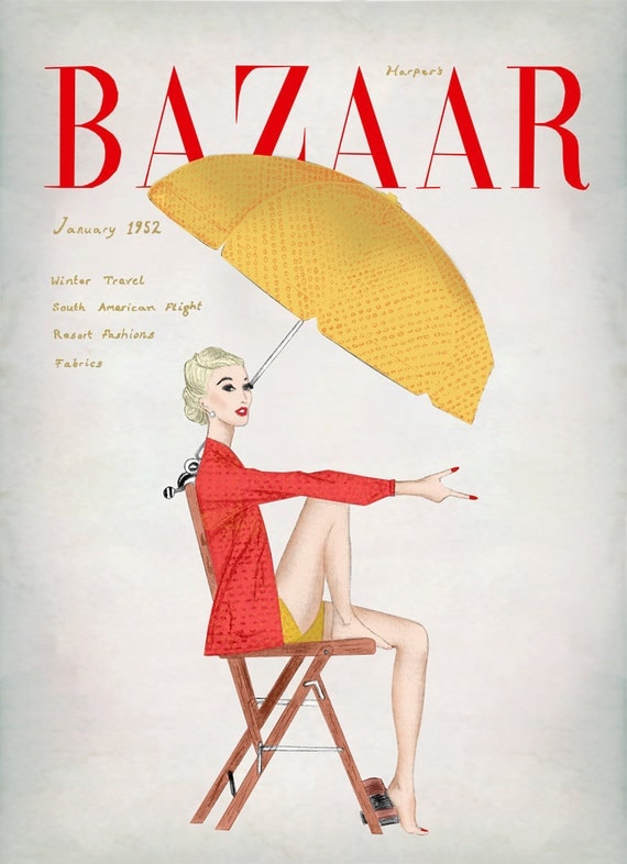 Harpers Bazaar January 1952 Vintage Magazine Cover - Wall art Illustration - Matte Print 8 x 9 - Home Decor