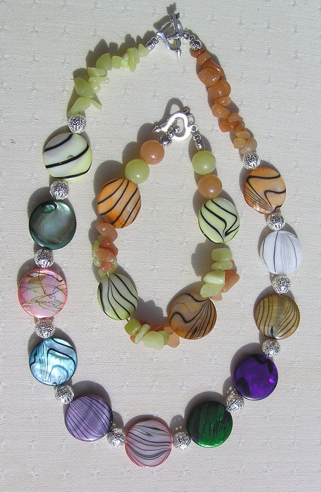 Necklace & Bracelet Set - Mother of Pearl, Yellow Jade and Red Aventurine  - "Rainbow Duet"