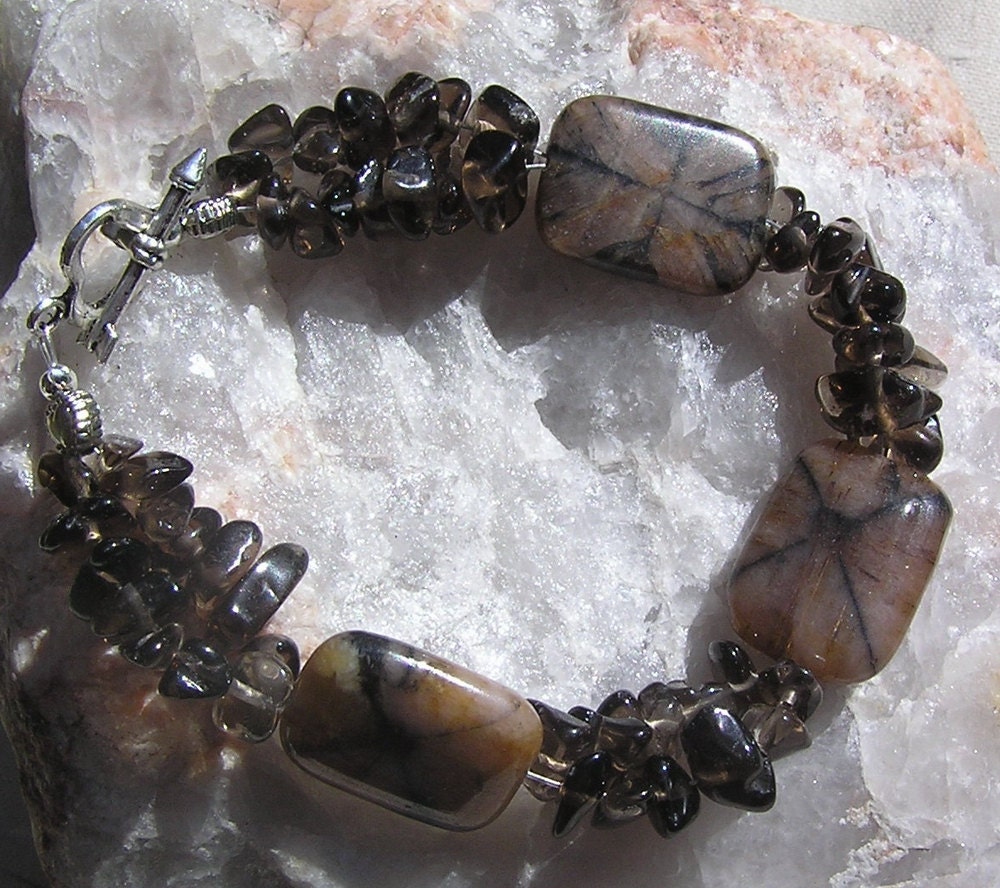 Chiastolite & Smoky Quartz  Crystal Gemstone Bracelet - "Cappuccino"