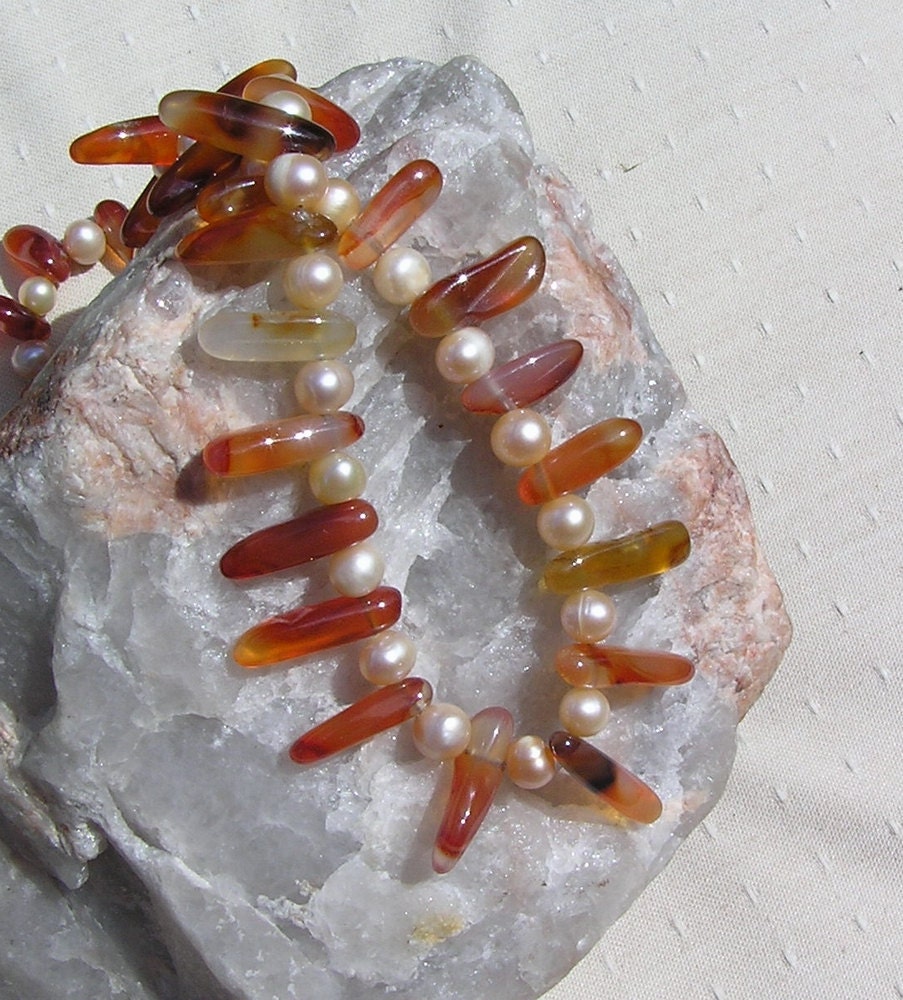 Carnelian & Apricot Freshwater Pearl Necklace - "Orange Zinnia"