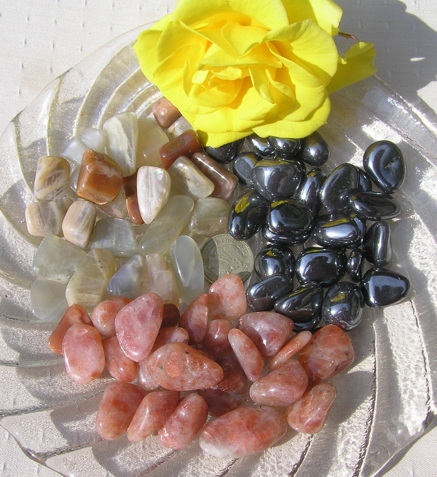 Moonstone, Sunstone & Hematite - 12 Crystal Tumblestones -  Earth, Sun and Moon Crystal Collection
