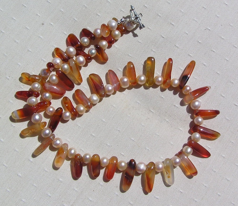 Carnelian & Apricot Freshwater Pearl Necklace - "Orange Zinnia"