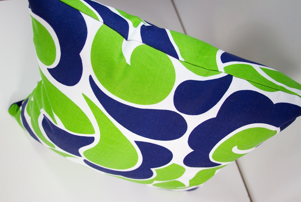 Two Green and Blue Throw  Pillow Covers 18x18. Bright Apple Green and Navy Blue printed cotton.