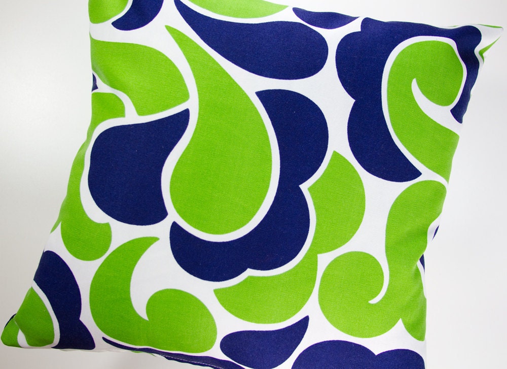 Two Green and Blue Throw  Pillow Covers 18x18. Bright Apple Green and Navy Blue printed cotton.