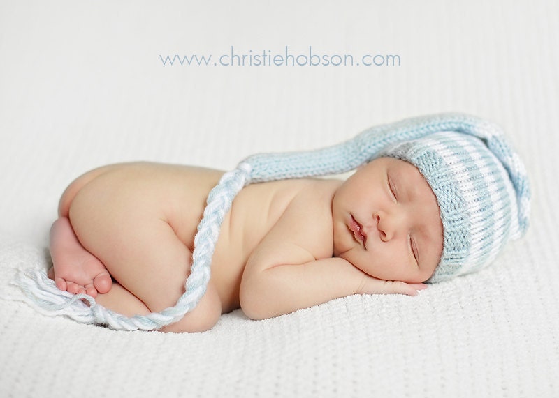 READY TO SHIP, Pale Sky Blue or Pink, White Knitted Newborn Stocking Elf Baby Hat, Hand Knit Infant Photo Prop, 0-3 mo. Pixie R T S