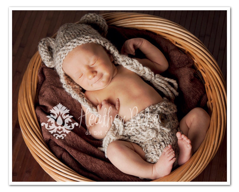 Hand Knit Baby Hat, Newborn Photo Prop, Bear Set, Chunky Ear Flap Beanie & Infant Diaper Cover in Oatmeal, Ready To Ship RTS