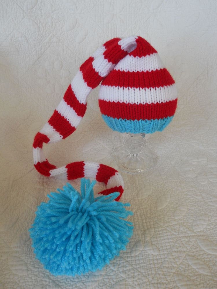 Knit Baby Hat, Dr. Suess Stocking Elf Newborn, Knitted Infant Photo Prop, Red, Blue, White, All Sizes, LONG tail, Munchkin Pixie Beanie