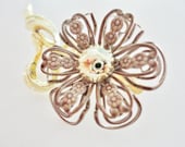 vintage jewelry large gold and brown with ornated  petals flower pin brooch