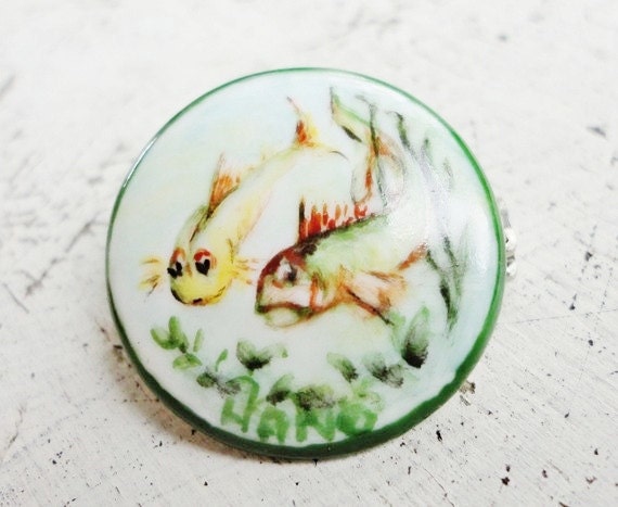 handmade little fish pin brooch button handpainted