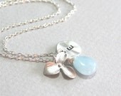 Personalized Initial Necklace - Aquamarine Stone Orchid Necklace, Birthstone,  Gif t and Everyday Jewelry, Sterling Silver chain available