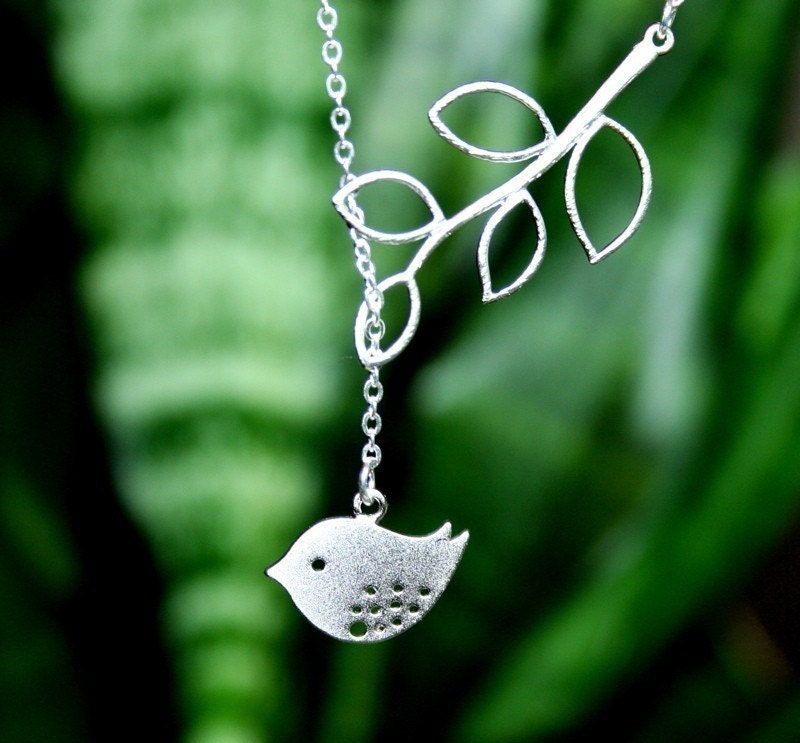Bird Necklace, Bird with Leafy Branch in Silver, lariat necklace, Sterling Silver chain available