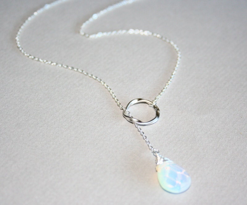 Opalite Moonstone Necklace Lariat necklace with silver circle - gold available, Sterling Silver chain available