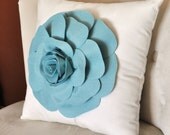 Rose Applique Dusty Blue Rose on Cream Pillow 14x14 -NEW COLOR-