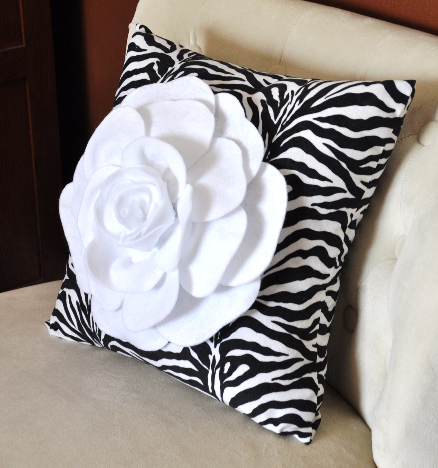 Zebra Pillow with White Rose 14x14