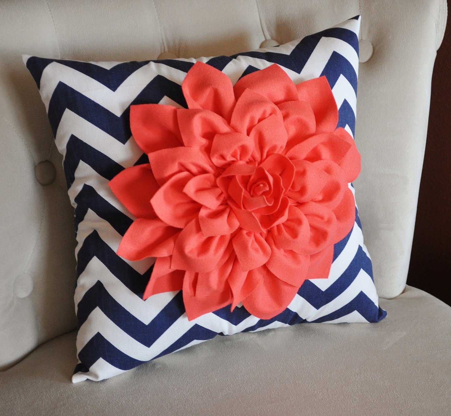 Coral Dahlia on Navy and White Zigzag Pillow -Chevron Pillow-